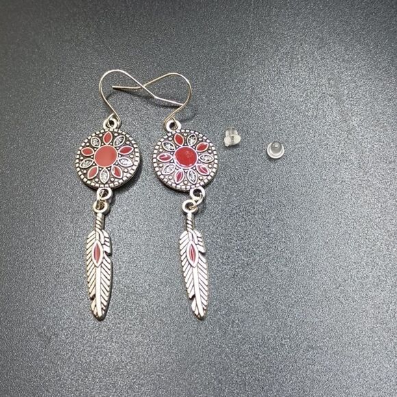 SILVER Boho flower with feather drop earrings ethnic - Picture 4 of 4